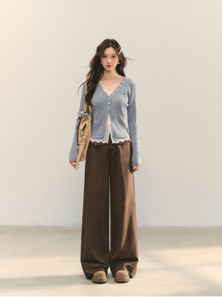 Lace Tie Fake Two-Piece Knitted Cardigan - CHINASQUAD