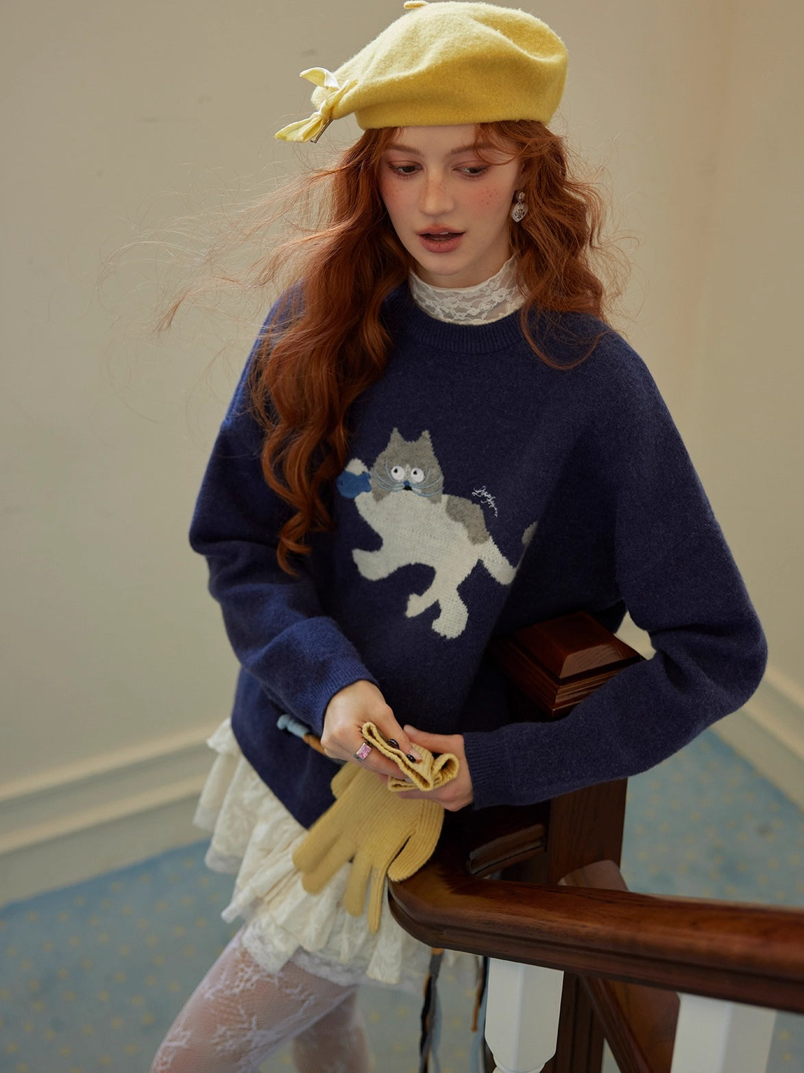 Cat Jacquard Embroidered Knit Sweater
