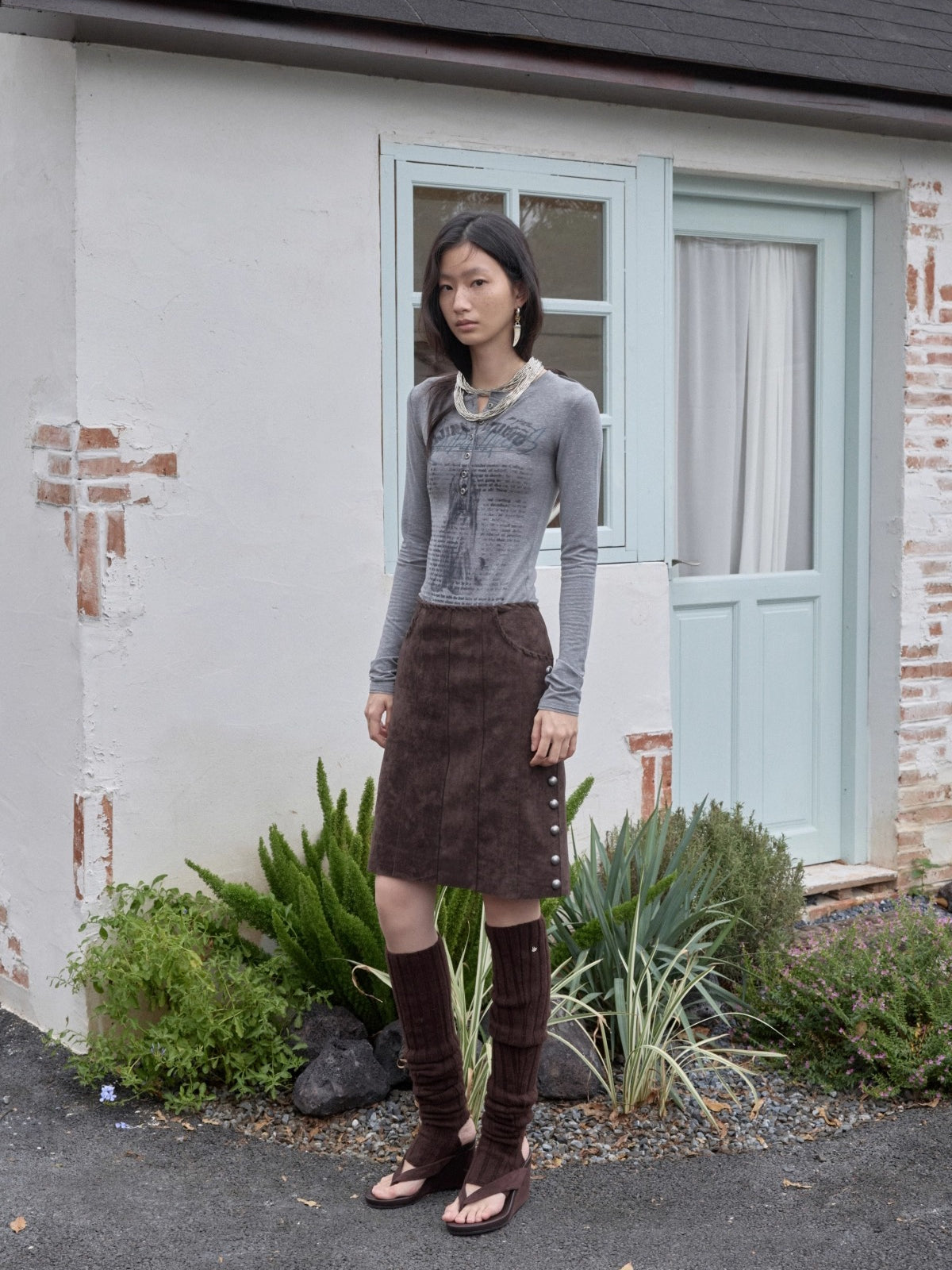 Suede Studded High-Waist Midi Skirt