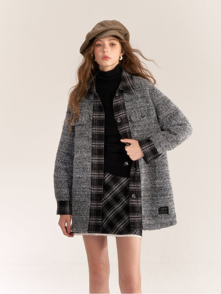 Plaid Patchwork Wool-Blend Coat - CHINASQUAD