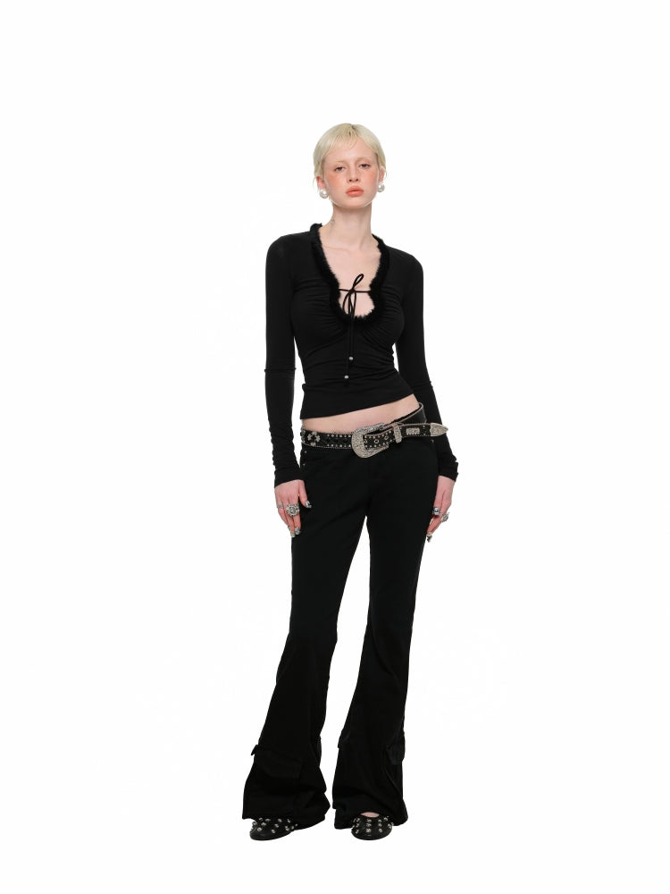 Fur Trimmed Deep V-Neck Slim Fit Knit Top - CHINASQUAD