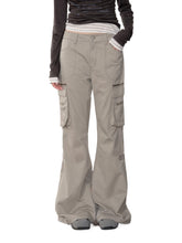 Gray-Green 3D Pockets Cargo Zipper Flare Pants - CHINASQUAD