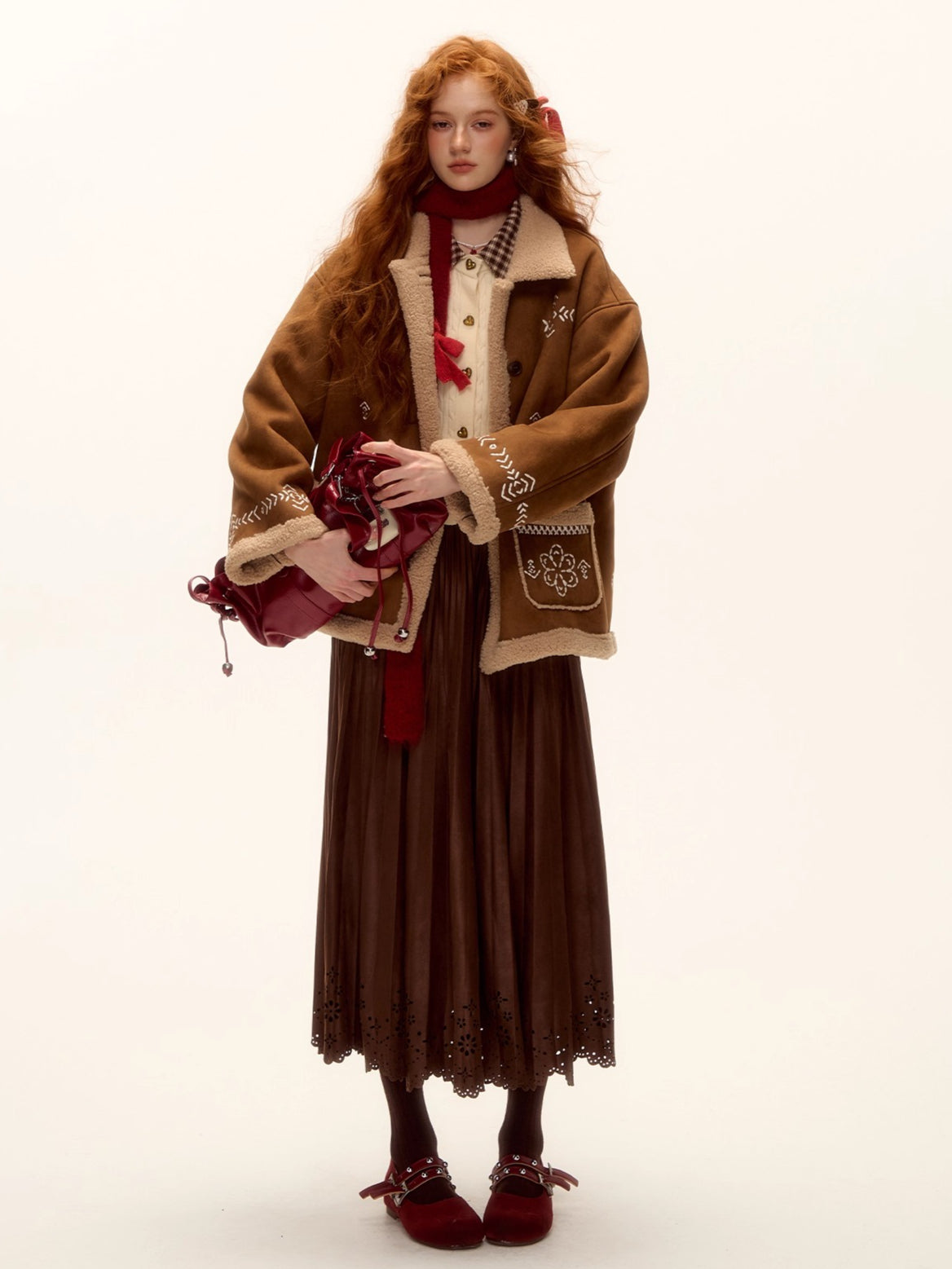 Heavy Embroidered Faux Shearling Suede Jacket