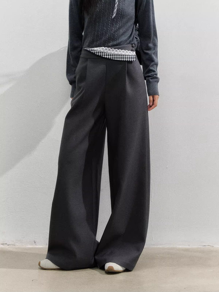 Plaid Panel Fold-Over Waist Straight Pants