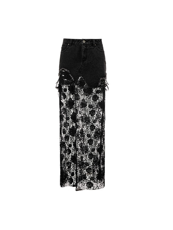 Black & Blue Lace Panel Denim Maxi Skirt - CHINASQUAD