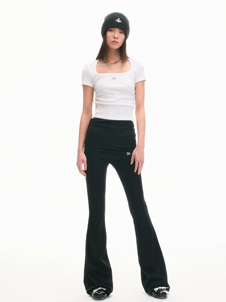 Faux Two-piece Mid-waist Pleated Flared Pants - CHINASQUAD