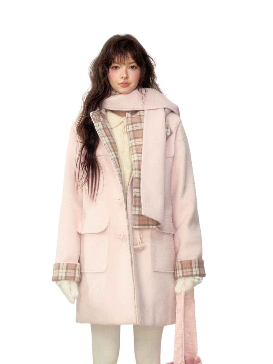 Pink Plaid Horn-buttoned Coat - CHINASQUAD