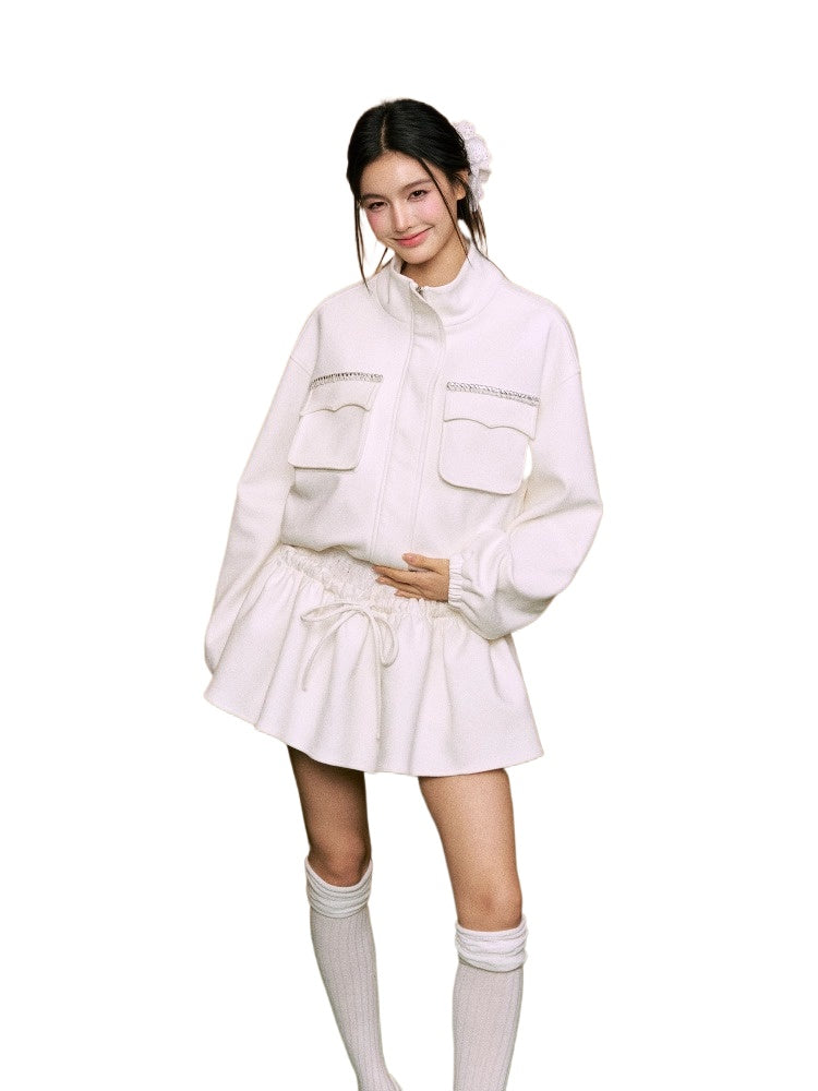 Suede Double-Pocket Jacket & Skirt Set - CHINASQUAD