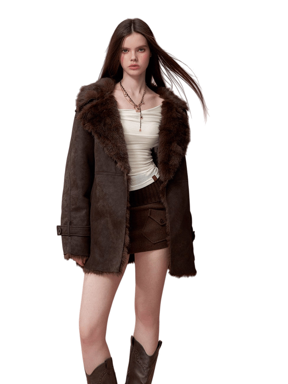 Faux Shearling-Lined PU Belted Coat