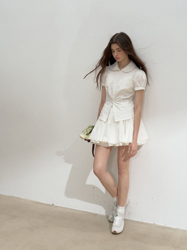 Cotton Lace Embroidered Collar Shirt & Skirt Set - CHINASQUAD