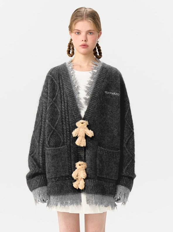 3D Plush Button Layered Knit Cardigan