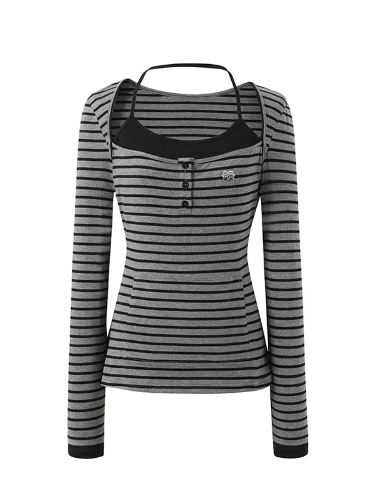 Two-piece Look Striped Hooded Tee - CHINASQUAD