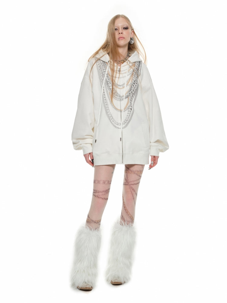 Black & White Oversized Chain Print Hoodie Cardigan - CHINASQUAD