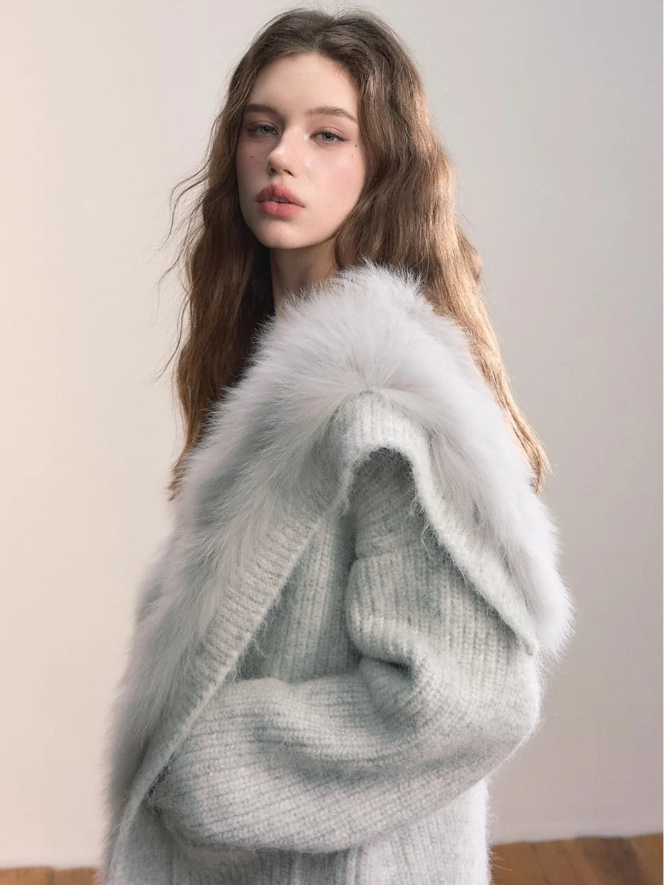 Fox Fur Collar Plush Knit Cardigan