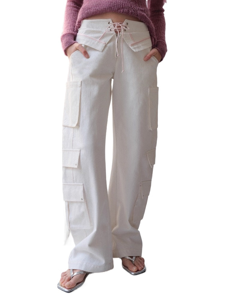 Multi-Pocket Double Waistband Denim Cargo Pants - CHINASQUAD