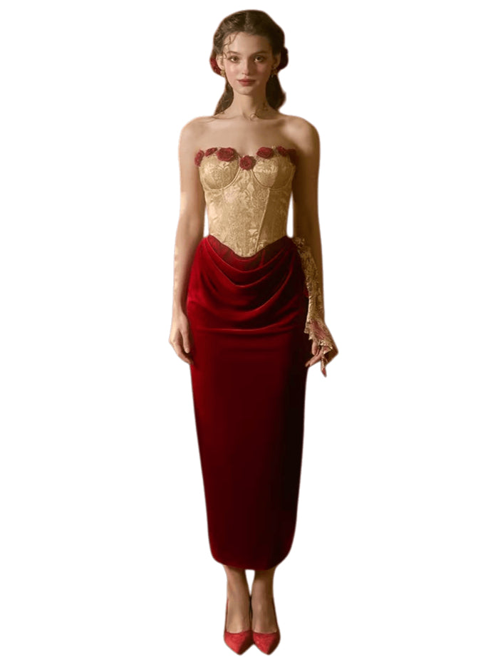 Red French Vintage Strapless Corset Dress Red (Pre-sale) / L