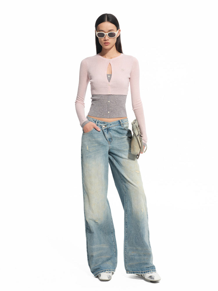Fake Two-piece Layered Contrast-color Cardigan - CHINASQUAD