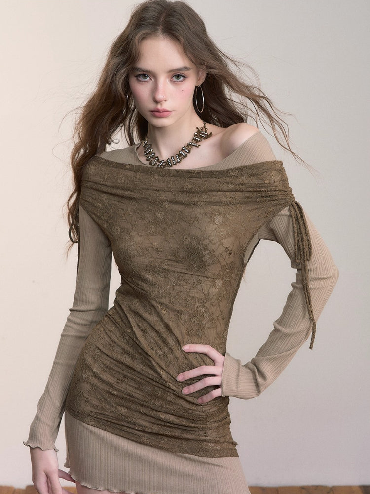 Two-Piece Look Contrast Color Lace Dress - CHINASQUAD