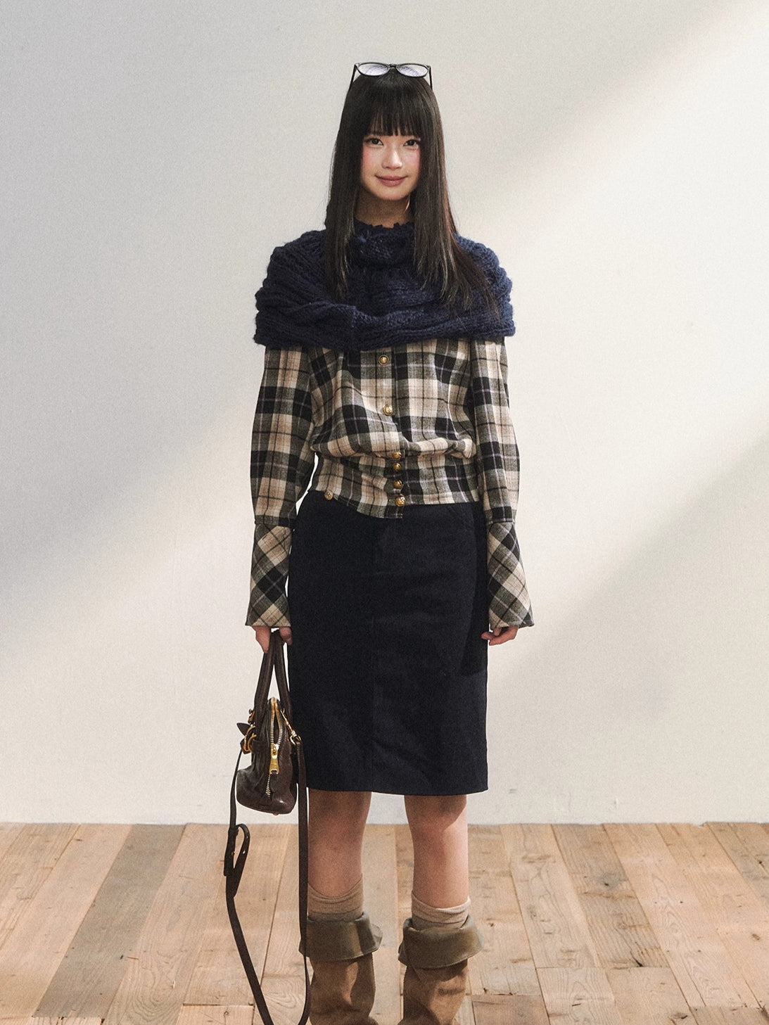 Vintage Plaid Contrast-Panel Fitted Shirt Crewneck