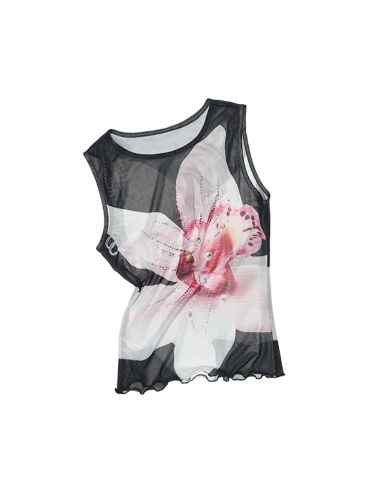 Floral Print Rhinestone Mesh Vest - CHINASQUAD