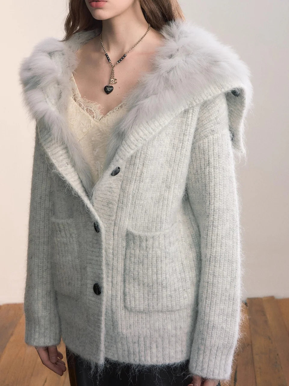 Fox Fur Collar Plush Knit Cardigan