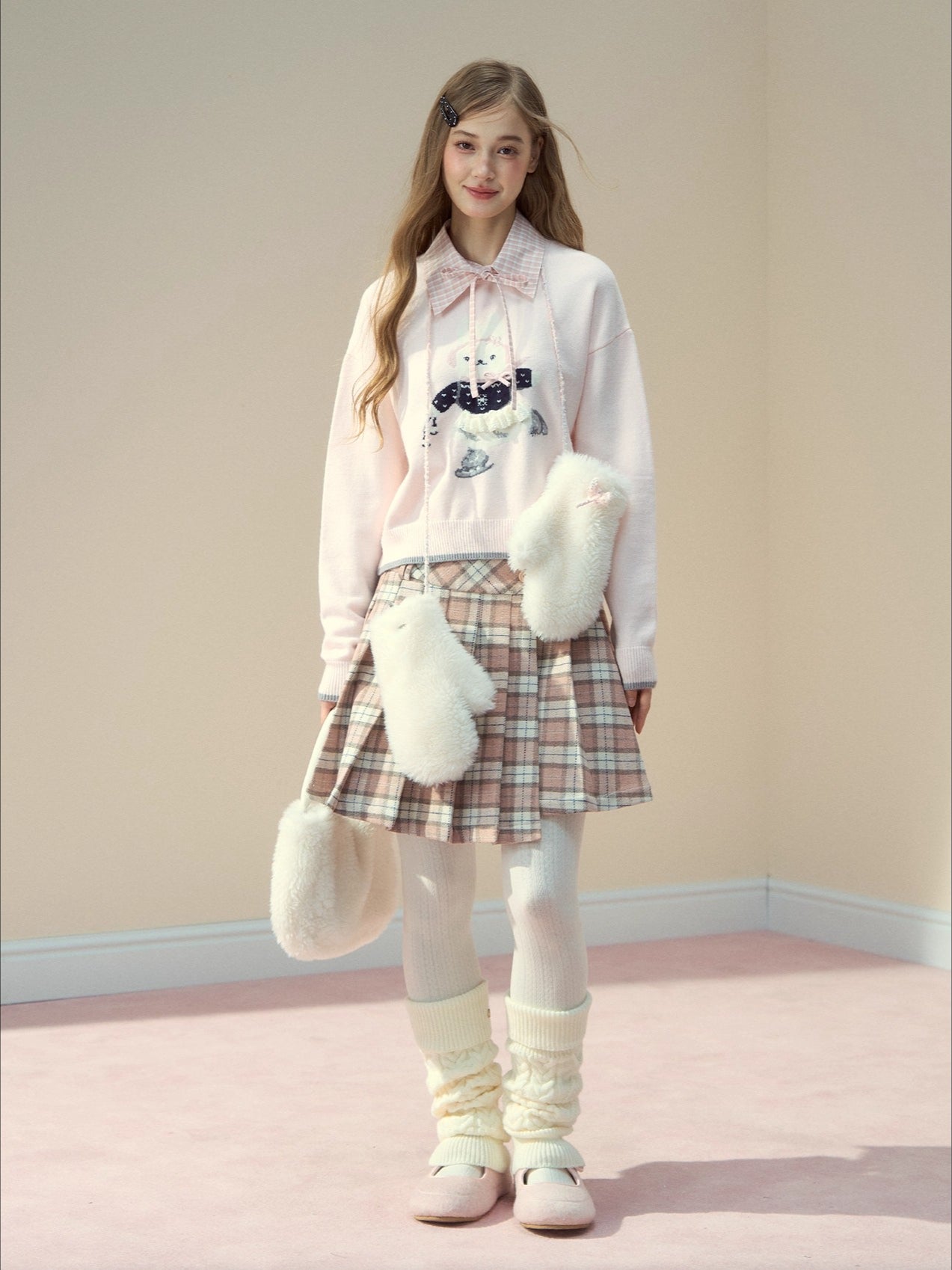 Blush Plaid Wool A-Line Pleated Skirt - CHINASQUAD