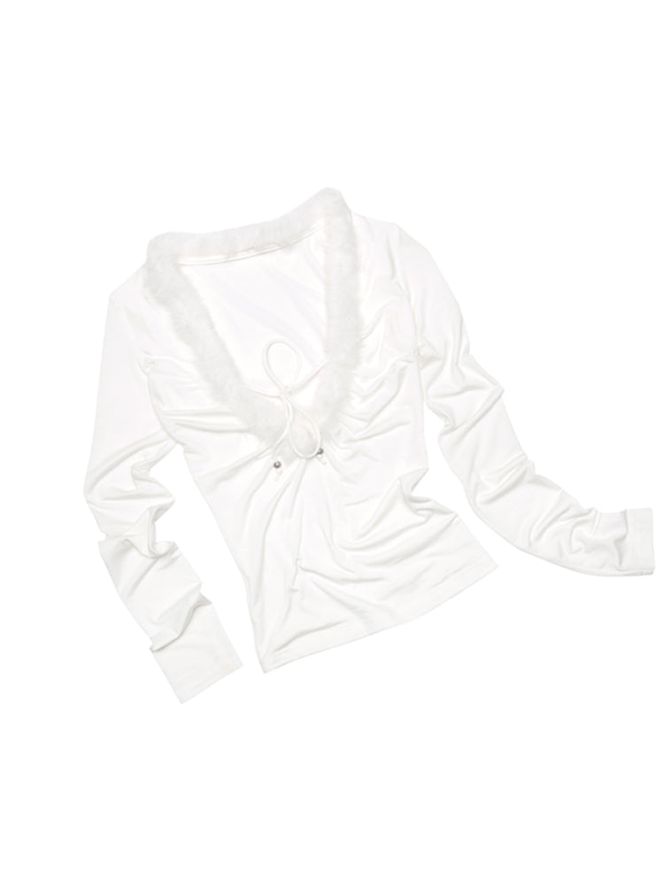 Fur Trimmed Deep V-Neck Slim Fit Knit Top - CHINASQUAD
