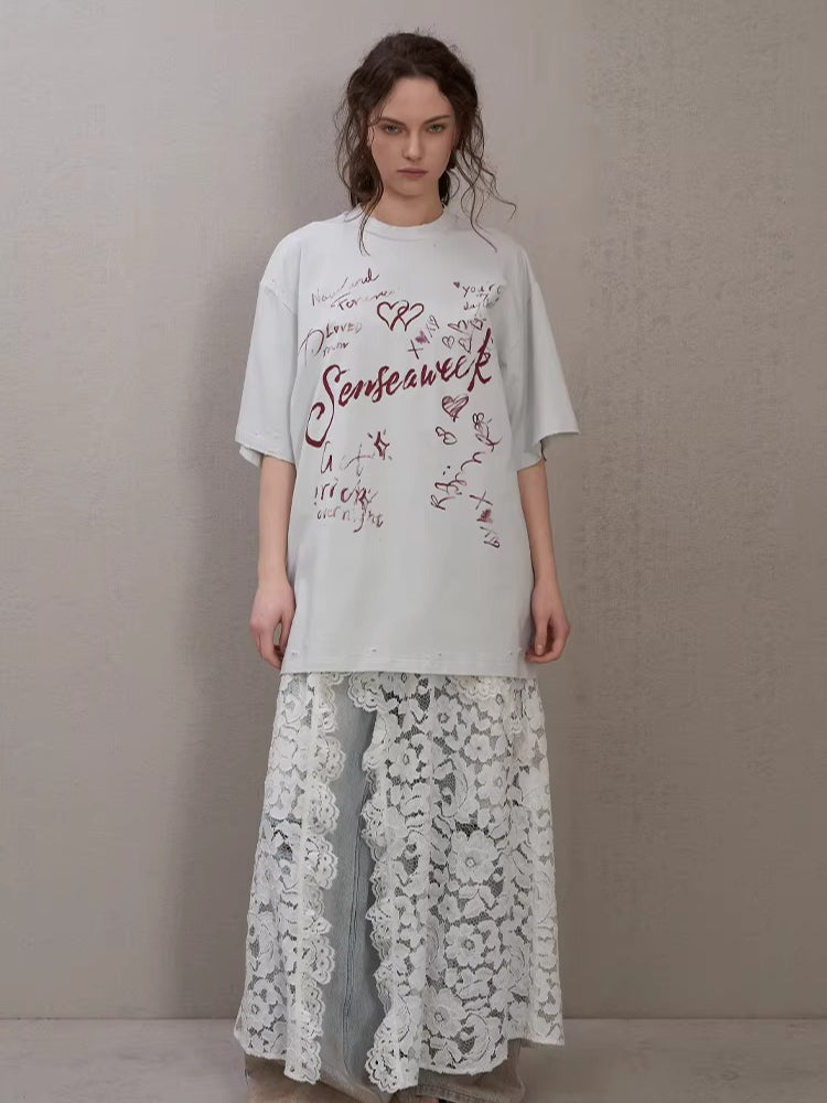 Letter Print Distressed Oversized T-Shirt