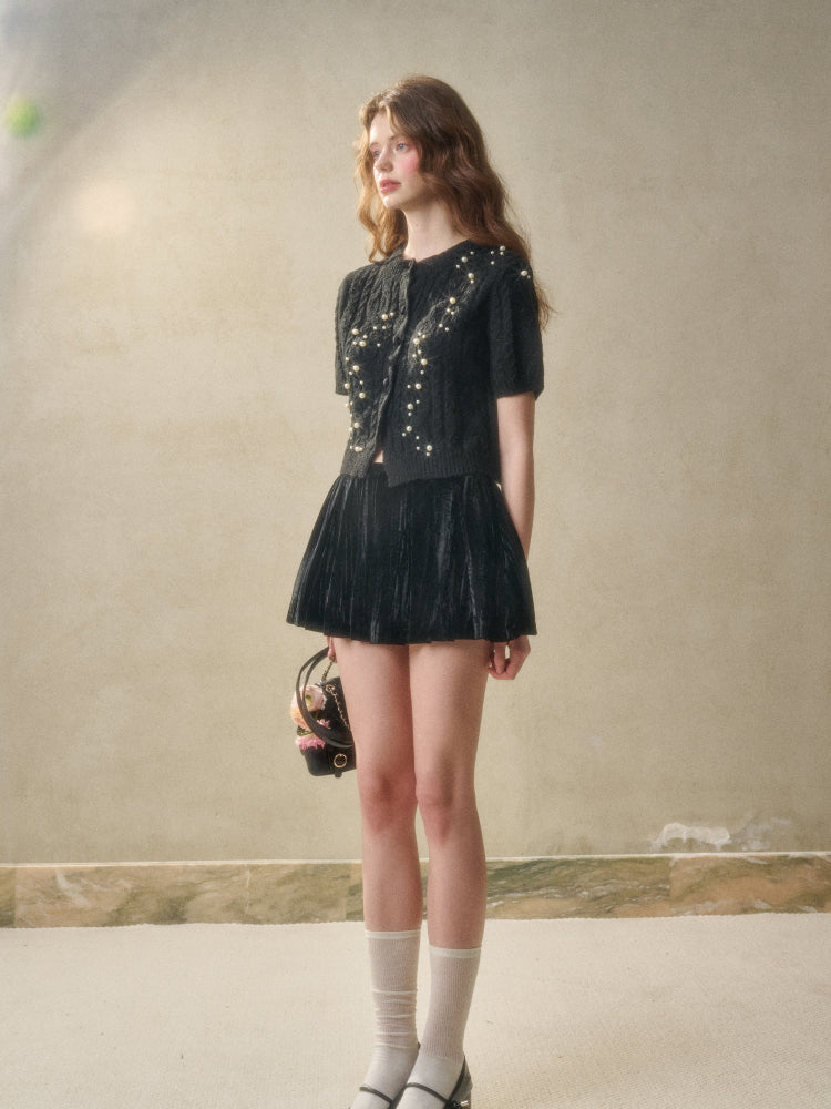 Velvet Floral Pleated Skirt - CHINASQUAD