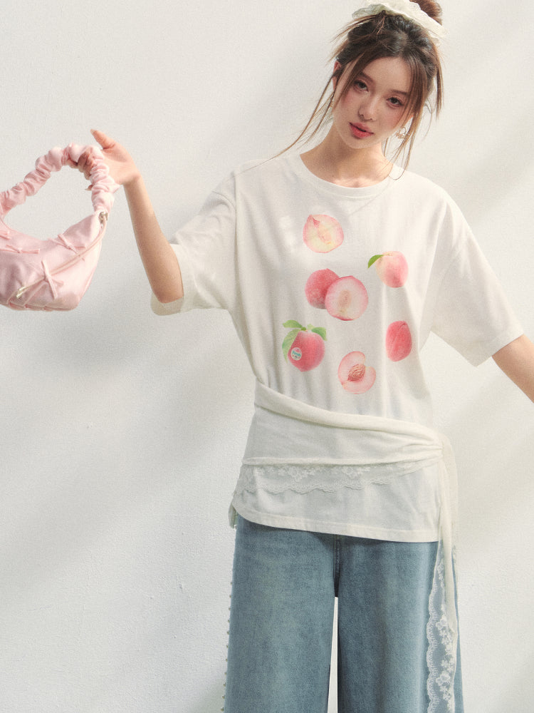 Fruit Print Lace-Trimmed Tie-Up T-shirt - CHINASQUAD