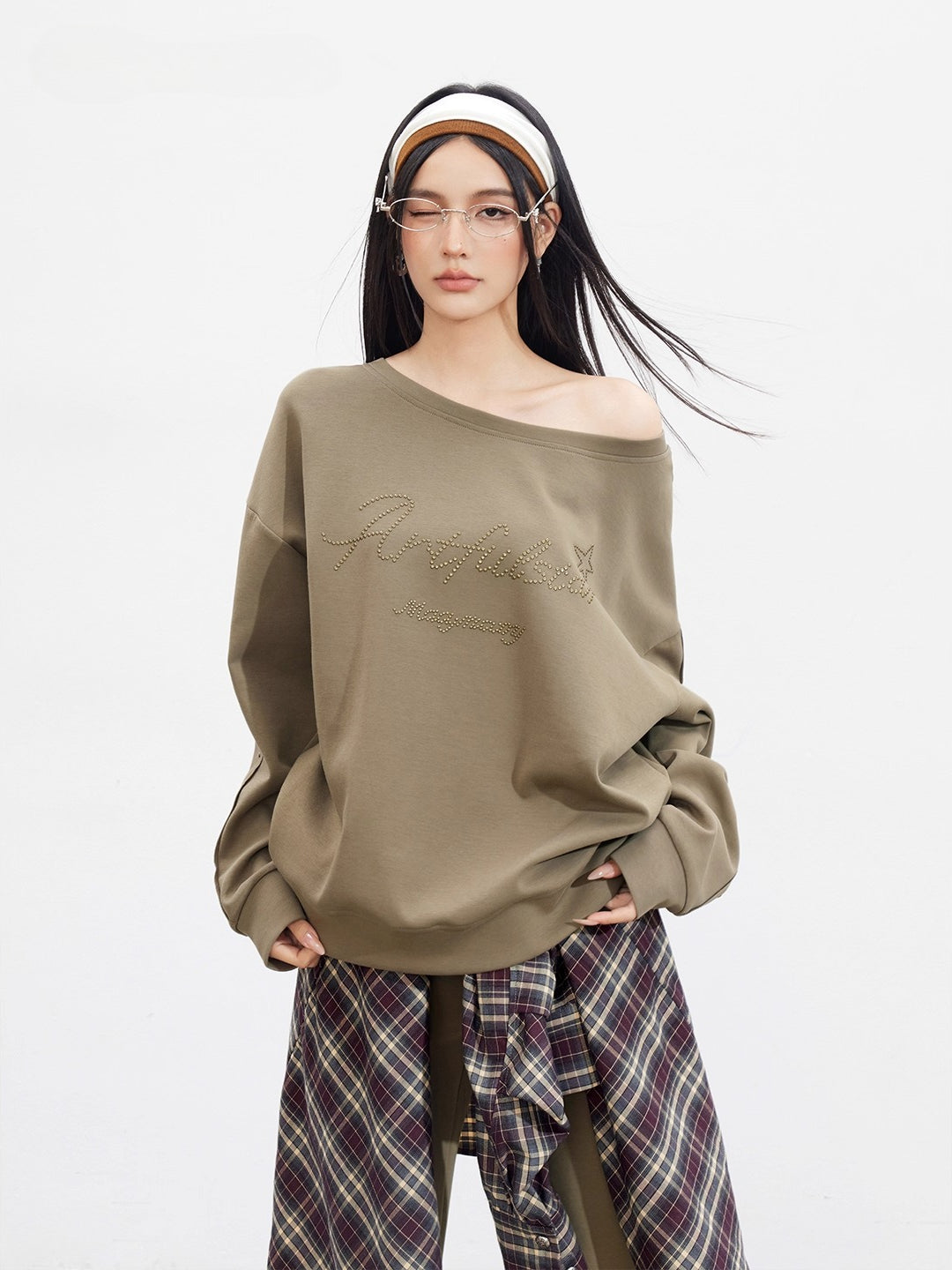 Studded Letter Off-Shoulder Sweatshirt