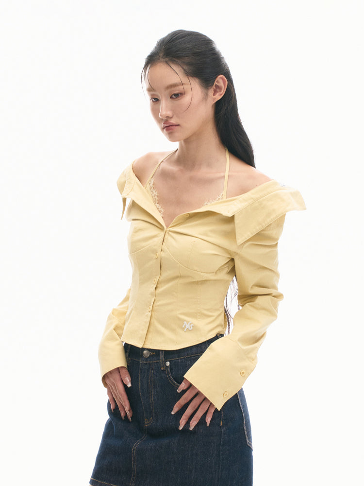Two-in-One Off-Shoulder Slim-Fit Long-Sleeve Cotton Shirt - CHINASQUAD