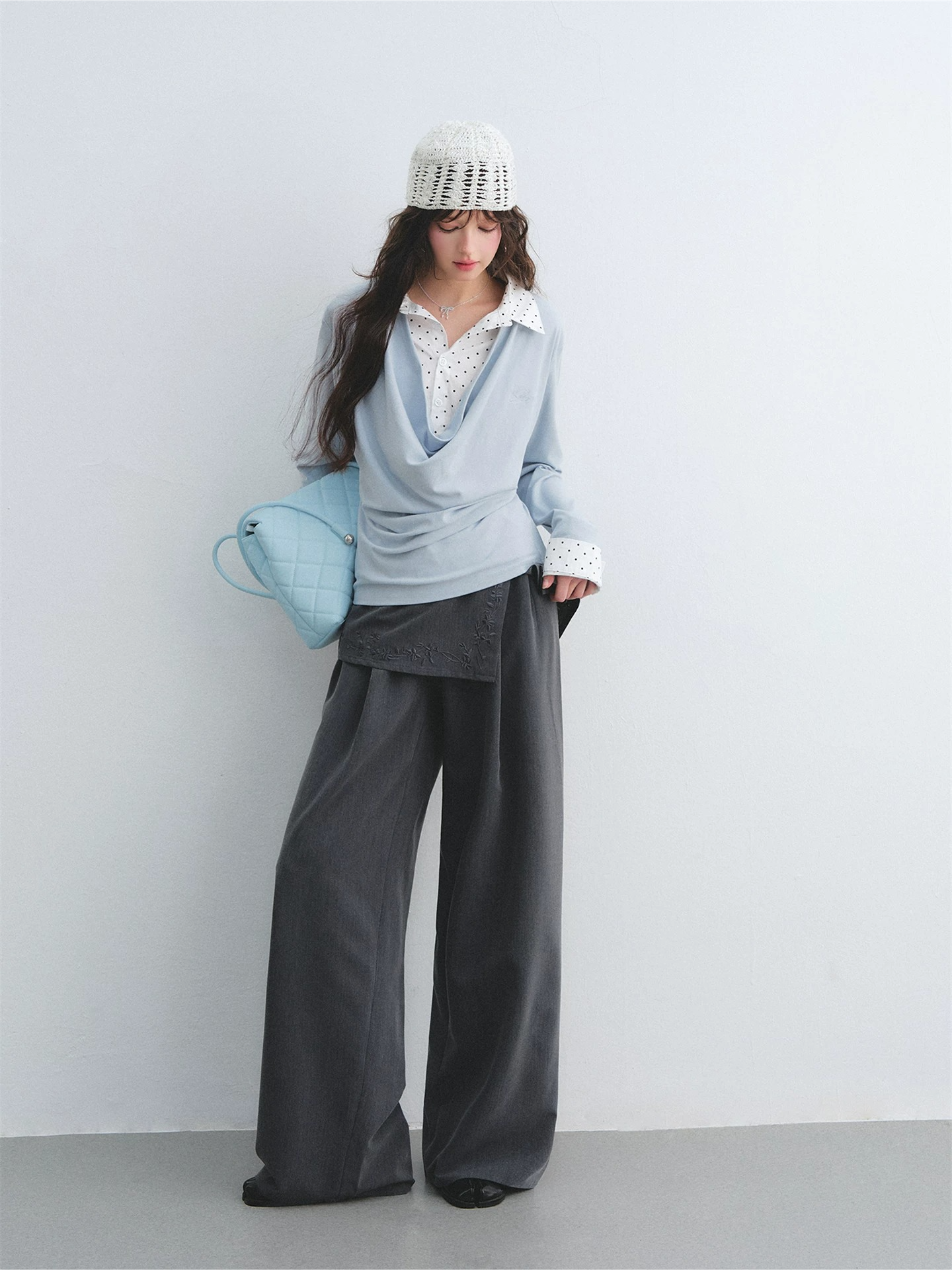 Polka Dot Shirt Panel Faux-Layer Draped Collar Top