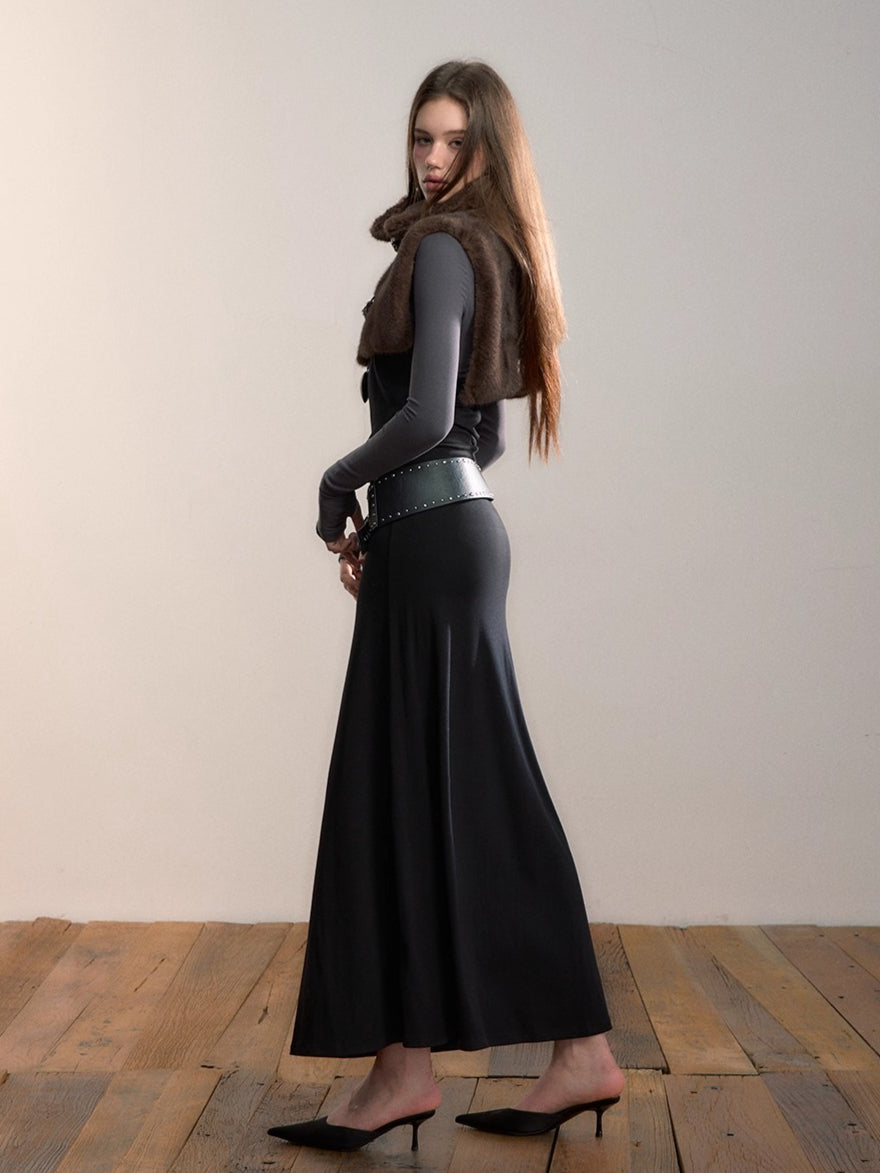 Contrast-Panel Off-Shoulder Layered Maxi Dress