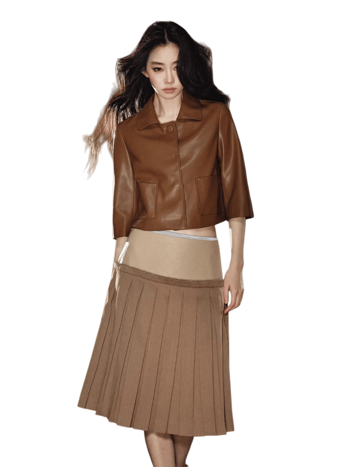 A-Line Skirt & Cropped Sleeve PU Jacket Set