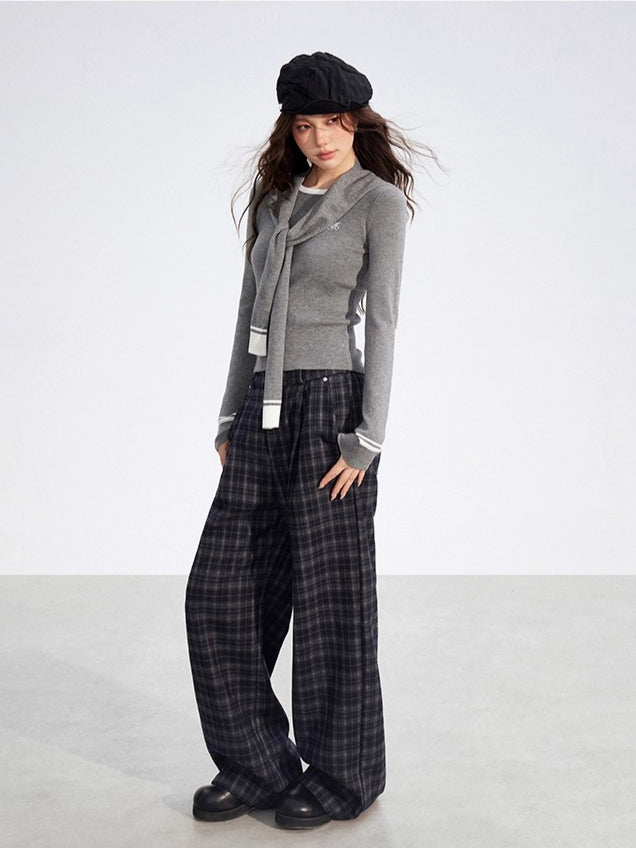 Plaid Fleece-Lined Wide-Leg Trousers