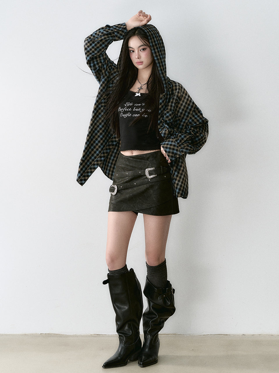 Washed Vintage Plaid Hooded Shirt - CHINASQUAD