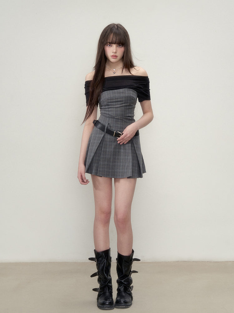 Faux Two-Piece Spliced Waist-Defining Pleated Dress - CHINASQUAD