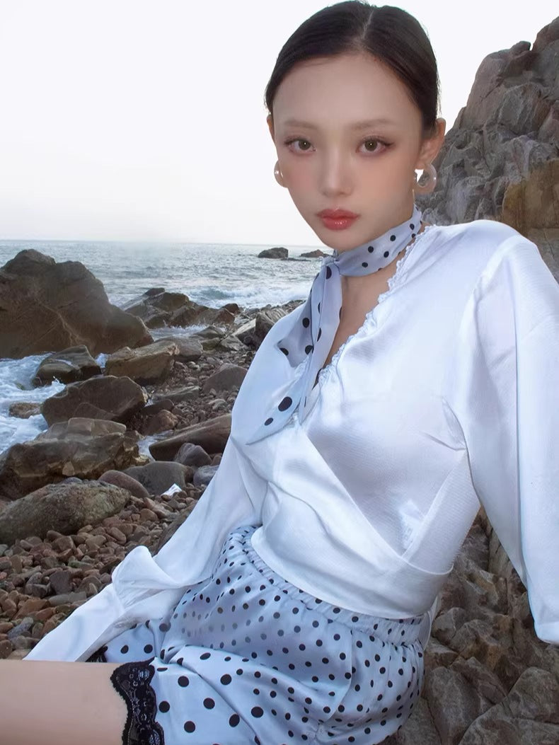 Convertible Ruched V-Neck Acetate Blouse