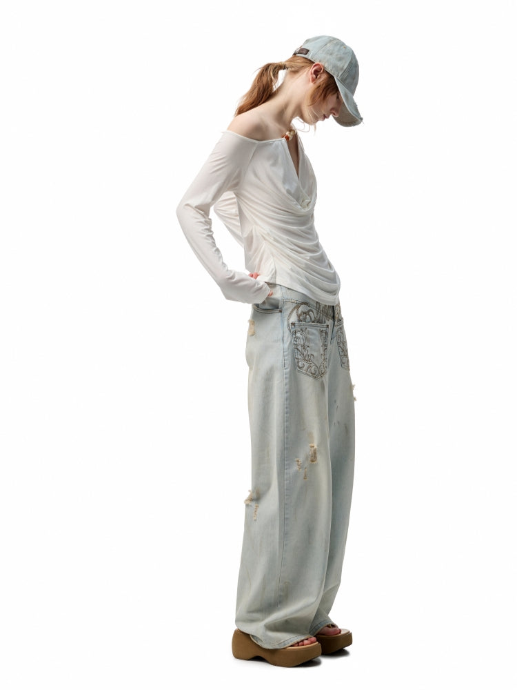 Beaded Cowl Neck Off-shoulder Long-sleeve Tunic - CHINASQUAD