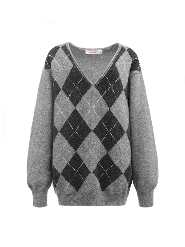 Argyle V-Neck Loose Knit Sweater - CHINASQUAD