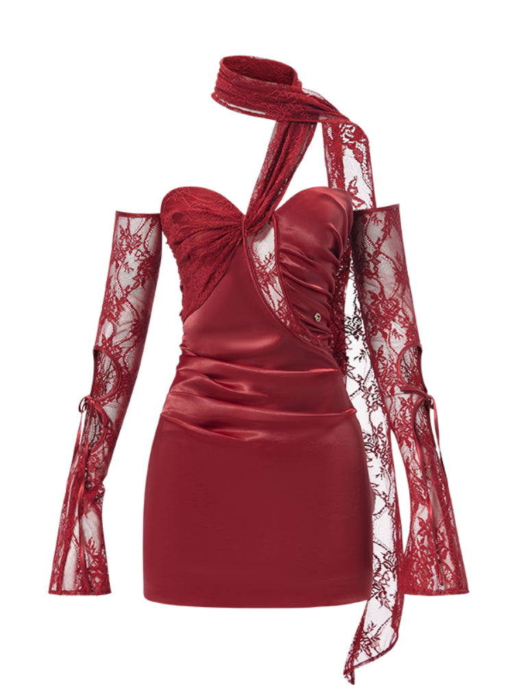 Satin and Lace Ruffle Sleeve Short Skirt - CHINASQUAD