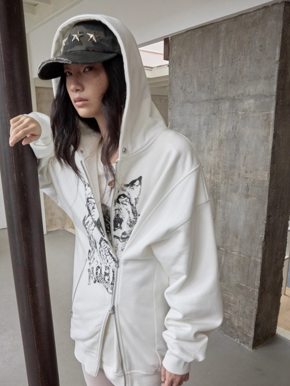 Cat Print Double-Zip Convertible Hoodie - CHINASQUAD