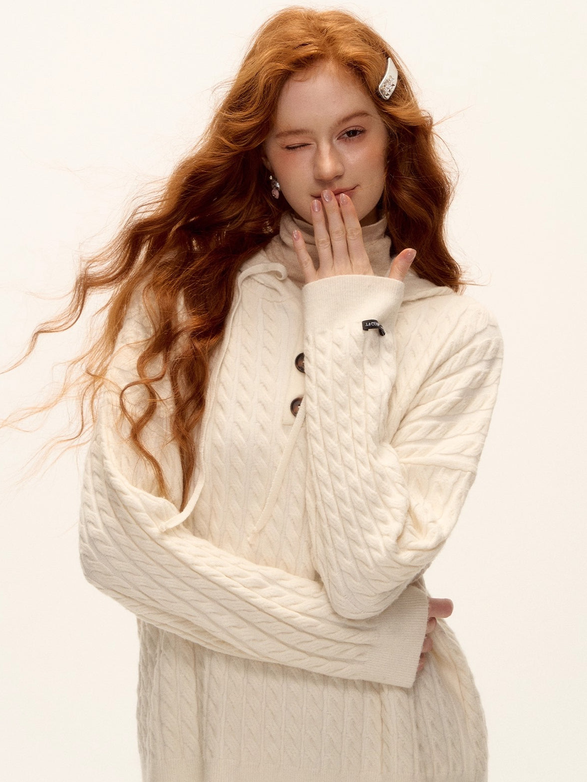 Wool Blend Cable Knit Hoodie & Wide-Leg Pants Set