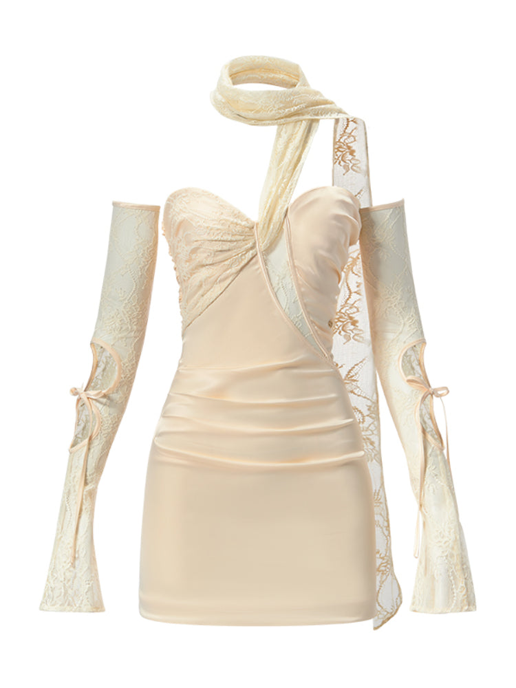 Satin and Lace Ruffle Sleeve Short Skirt - CHINASQUAD