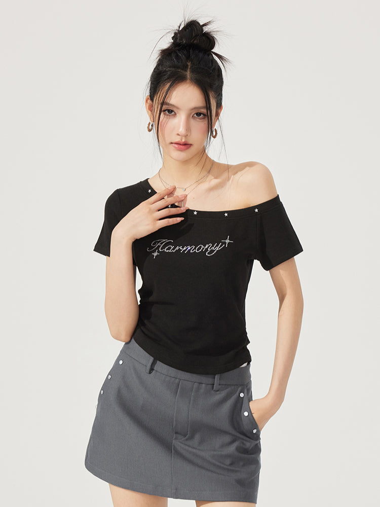 High-Elasticity Star-Studded Diagonal Shoulder T-Shirt - CHINASQUAD