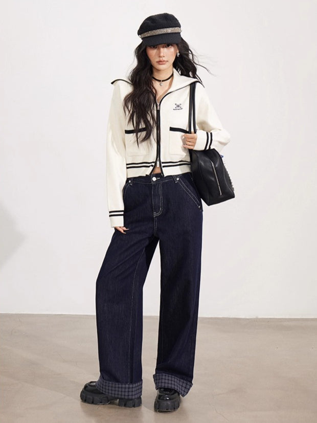 Contrast Trim Zip-Up Sailor Collar Knit Cardigan - CHINASQUAD