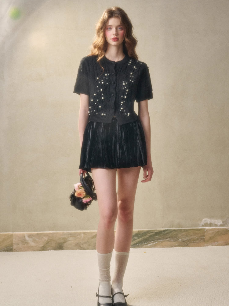 Velvet Floral Pleated Skirt - CHINASQUAD