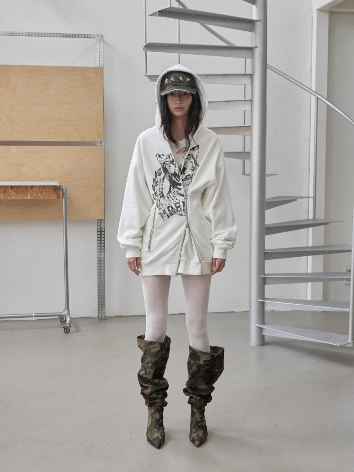 Cat Print Double-Zip Convertible Hoodie - CHINASQUAD