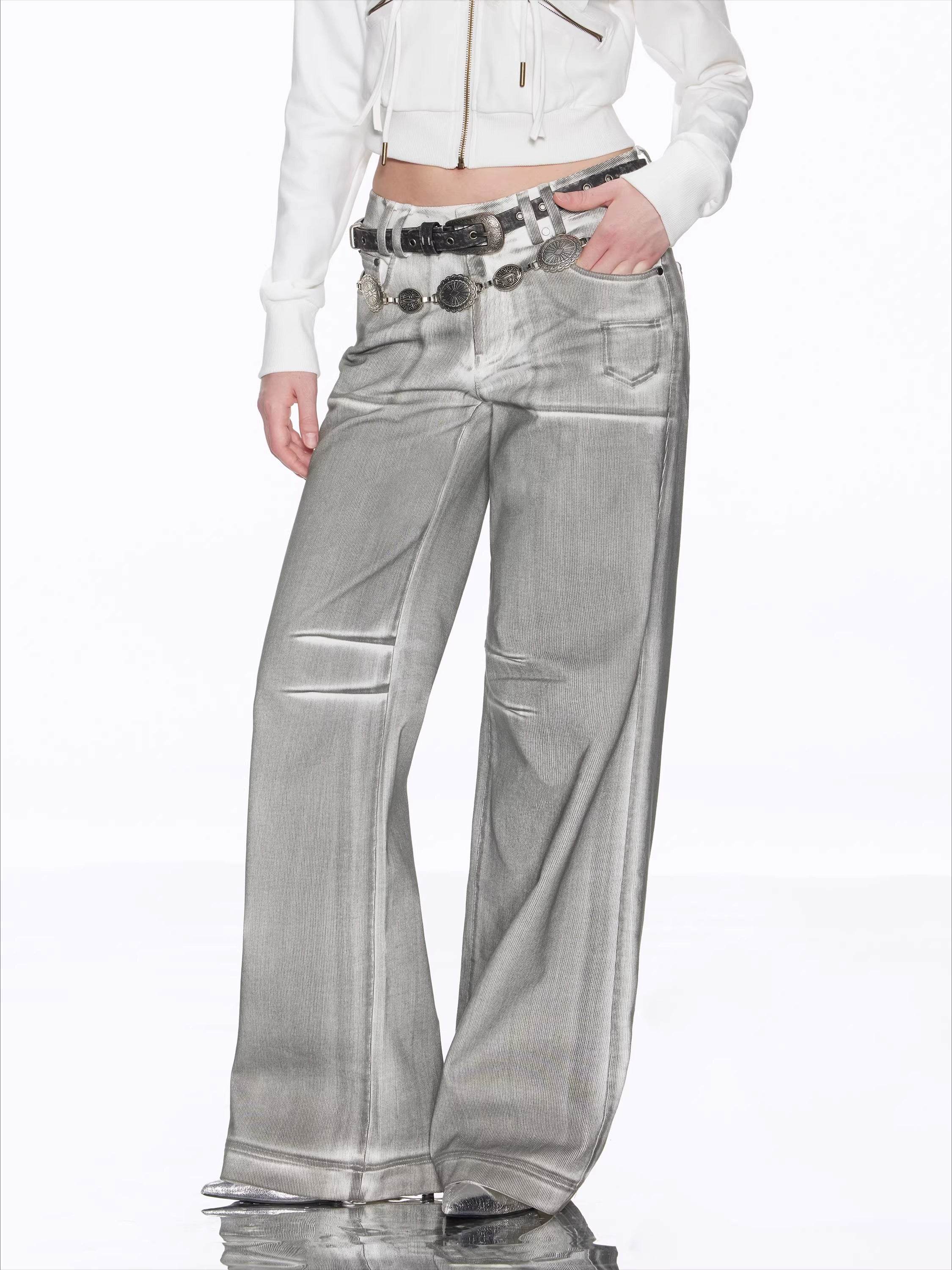 Matte Silver Alloy Buckle Distressed Leather Belt